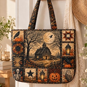 Op de afbeelding: Een gewatteerde tote bag met een patchworkontwerp van herfst- en Halloween-afbeeldingen, waaronder een centrale schuurscène, pompoenen, een skelet, een uil, een kraai, lantaarns en sterren in tinten oranje, bruin, zwart en crème.