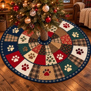 Paw Print Christmas Quilted Tree Skirt, Plaid Patchwork Holiday Decor, Farmhouse Christmas Tree Cover, Gift for Pet Lovers