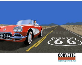 Red Corvette Cruising Route 66 poster