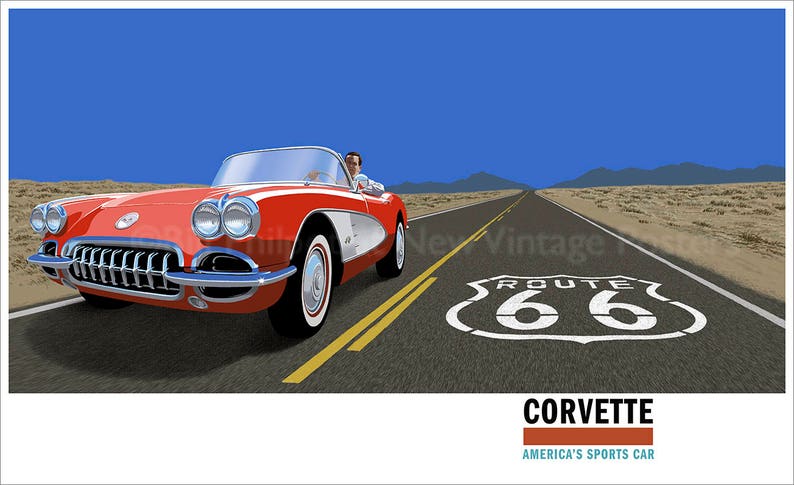 Red Corvette Cruising Route 66 poster image 1