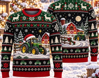 May include: A black, green, and red knit jumper featuring a winter farm scene with a green tractor wearing a Santa hat, a red barn, snow-covered pine trees, and white reindeer patterns. The design includes red ribbed trim at the neck and cuffs.