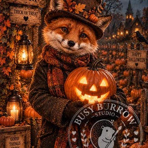 May include: A fox wearing a brown top hat with autumn leaves and a scarf, holding a glowing jack-o'-lantern. The scene includes signs reading PUMPKIN PATCH, TRICK OR TREAT, HAPPY HALLOWEEN, and GOOD THINGS GROW IN AUTUMN, with a BUSY BURROW STUDIO logo.