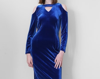 blue velvet cold shoulder dress, bodycon long dress S-M