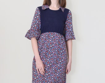 floral midi hippie dress, navy blue shirt dress, S-M