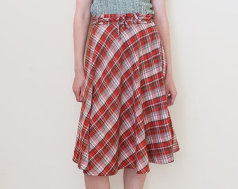 tartan midi skirt, lightweight plaid summer skirt S-M