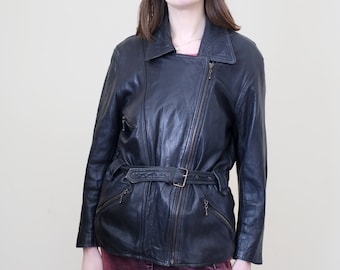 May include: A black leather jacket with a zipper closure and a belt. The jacket has a collar and two pockets on the front.