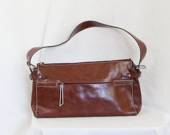 brown leather shoulder boxy bag with silver hardware