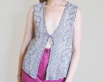 gray crochet tie up vest, M-L