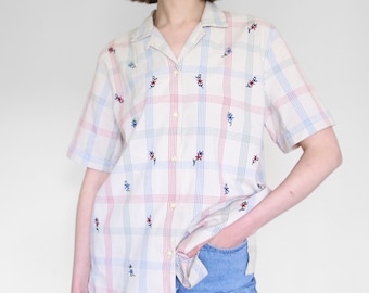 embroidered floral plaid shirt, beige button up, M-L