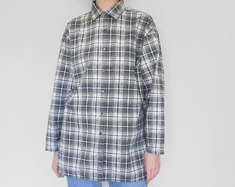 long plaid button up shirt, check black&white long sleeves blouse, M-L