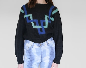 knitted black pullover sweater with geometric forms, M