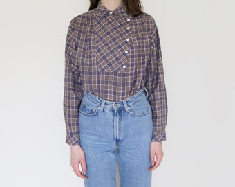 80s plaid button up collar shirt, checked brown blouse, M-L