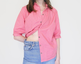 blusa de muñeca floral rosa, mangas de hojaldre, detalles de shirring, L
