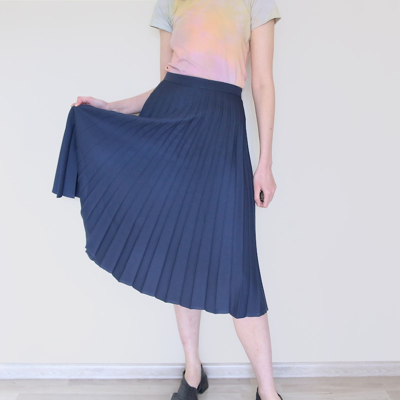 Navy Stitched Down Kick Pleat Extra Long Skirt
