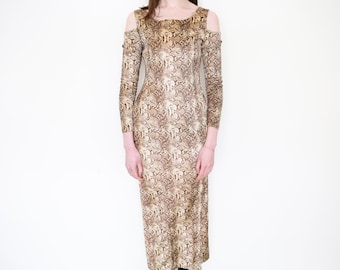90s Python Print Dress: Cold Shoulder Long Sleeve Reptile Dress (S-M)