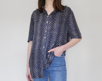 dotted blue button down shirt, grey blue oversized blouse, L