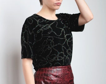 90's shiny glitter black short sleeves top tee, elegant blouse, medium, large