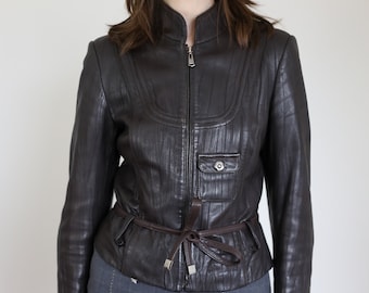 dark brown fitted leather belted jacket