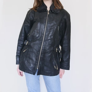 90's leather jacket, motorcycle jacket with adjustable collar, S-M