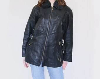 90's leather jacket, motorcycle jacket with adjustable collar, S-M