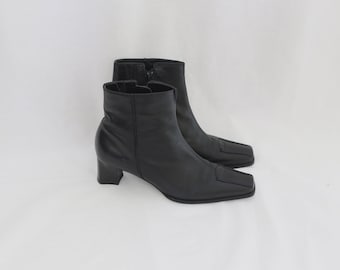 stivaletti in pelle nera punta quadrata con tacco grosso, UK3.5 US5.5 EU36