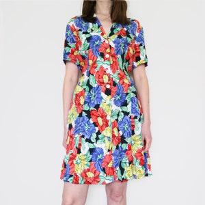 90's colourful floral summer dress, tie back flared dress, M-L image 1