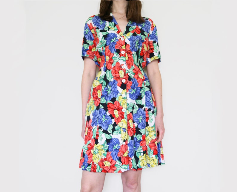 90's colourful floral summer dress, tie back flared dress, M-L image 1