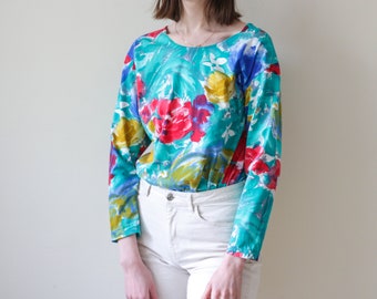 vivid floral painted cotton vintage blouse, long sleeves top, medium size