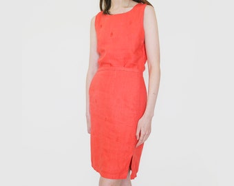 blood orange linen embroidered two piece set, top & skirt, M
