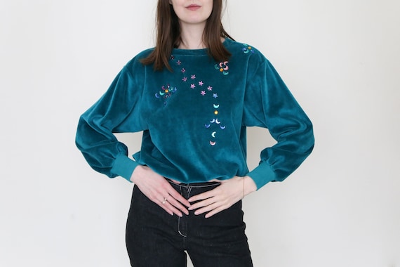 vintage 90s velvet velour sweatshirt green blue