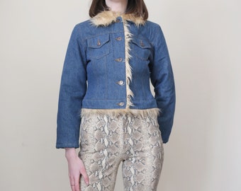 y2k fausse fourrure garnie veste denim cropped, XS-S