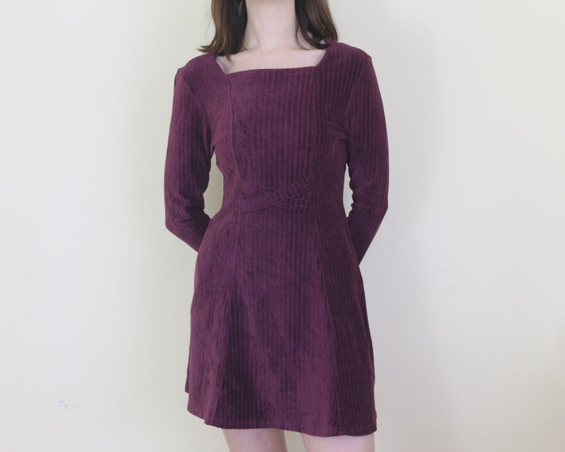 90s dusty purple mini velvet dress, S image 2