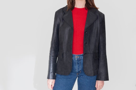 90's soft leather blazer jacket, black leather tai