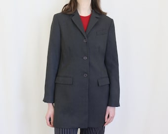 dark gray long blazer, padded shoulder single breasted jacket,  S