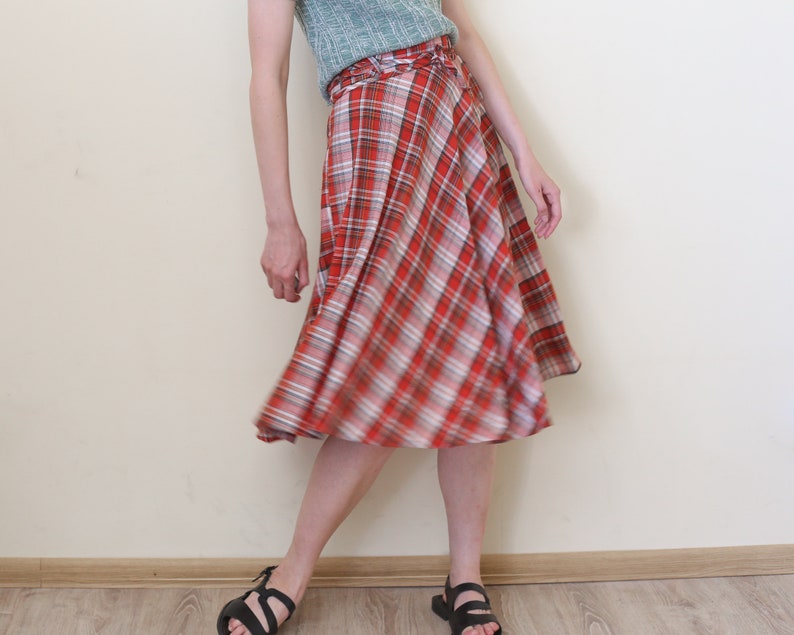 tartan midi skirt, lightweight plaid summer skirt S-M image 2