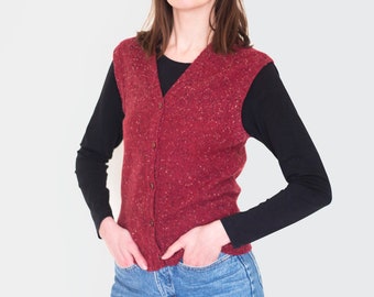 wool blend burgundy vintage vest, knitted warm button up vest, S-M