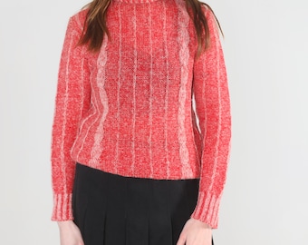 red cable knit turtleneck wool sweater, S-M