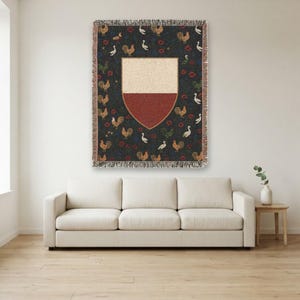 Poland Heraldic Shield Woven Wall Hanging | Medieval Tapestry Style White Red Folk Flowers Stork | Woven Throw Blanket | Polish Wall Art