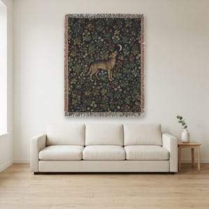 Wolf and Moon Millefleur Woven Wall Hanging | Medieval Tapestry Style Night Floral | Woven Throw Blanket | Dark Academia Wall Art
