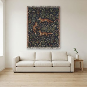 Three Foxes Millefleur Woven Wall Hanging | Medieval Tapestry Style Blue Floral | Woven Throw Blanket | Cottagecore Wall Art | Fox Decor