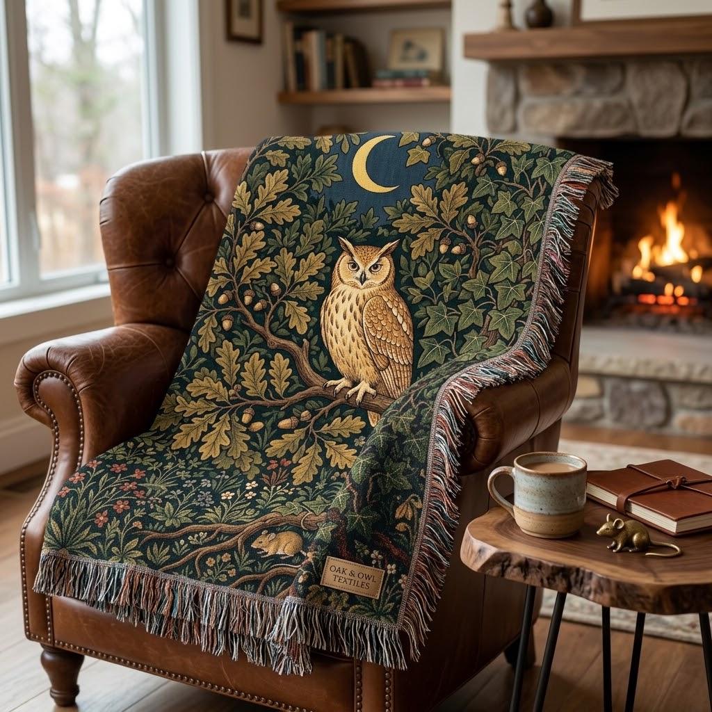 Owl In The Ivy Woven Wall Hanging | Medieval Verdure Tapestry Style Night | Woven Throw Blanket | Da