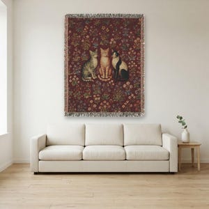 Three Cats Millefleur Woven Wall Hanging | Medieval Tapestry Style Red Floral | Woven Throw Blanket | Cat Lover Gift | Cat Wall Art