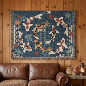 Koi Fish Tapestry Blanket | Japanese Koi Pond Woven Throw | Indigo Wave Pattern Wall Hanging | Asian Zen Decor