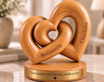 Personalized Wooden Heart Sculpture | Custom Couple Names | Handmade Interlocking Hearts | 5th Wood Anniversary Gift | Wooden Keepsake