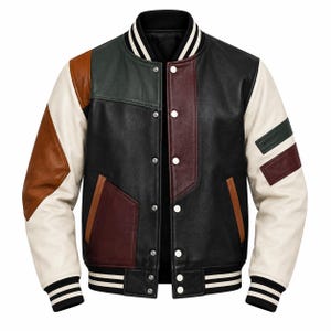 Men’s Multicolor Leather Varsity Jacket, Black and Cream Letterman Bomber with Color Block Sleeves