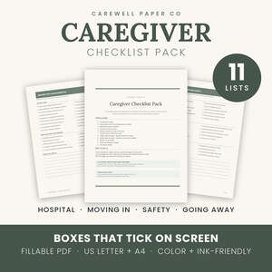 Op de afbeelding: Een Caregiver Checklist Pack met 11 lijsten in een invulbaar PDF-formaat. Het document bevat secties voor ziekenhuis, verhuizen, veiligheid en weggaan. Het is ontworpen voor US Letter en A4-papierformaten, met zowel kleur- als inktvriendelijke opties en interactieve vakjes die op het scherm kunnen worden aangevinkt.