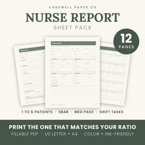 Könnte beinhalten: Ein 12-seitiges Pflegebericht-Blattpaket von Carewell Paper Co. mit ausfüllbaren PDF-Vorlagen für 1 bis 6 Patienten, SBAR, Medikamentengabe und Schichtaufgaben. Die Dokumente sind in Dunkelgrün und Weiß gehalten, verfügbar im A4-Format.