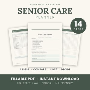 以下が含まれることがあります： Carewell Paper Co.による14ページのシニアケアプランナー。A4およびUSレターサイズの記入可能なPDF形式です。日常生活の評価、コスト比較、意思決定ツールなどのセクションが含まれており、すっきりとしたレイアウトで構成されています。
