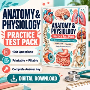 May include: Anatomy & Physiology Practice Test Pack digital download featuring a book cover with illustrations of a heart, brain, lungs, spine, eye, stomach, intestines, and skeleton. Text includes Anatomy & Physiology Practice Test Pack.