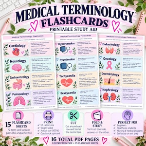 May include: Medical Terminology Flashcards printable study aid featuring three sheets of educational cards. Each card displays a medical term, a colourful anatomical illustration, and a definition. The layout includes text, icons, and instructions.